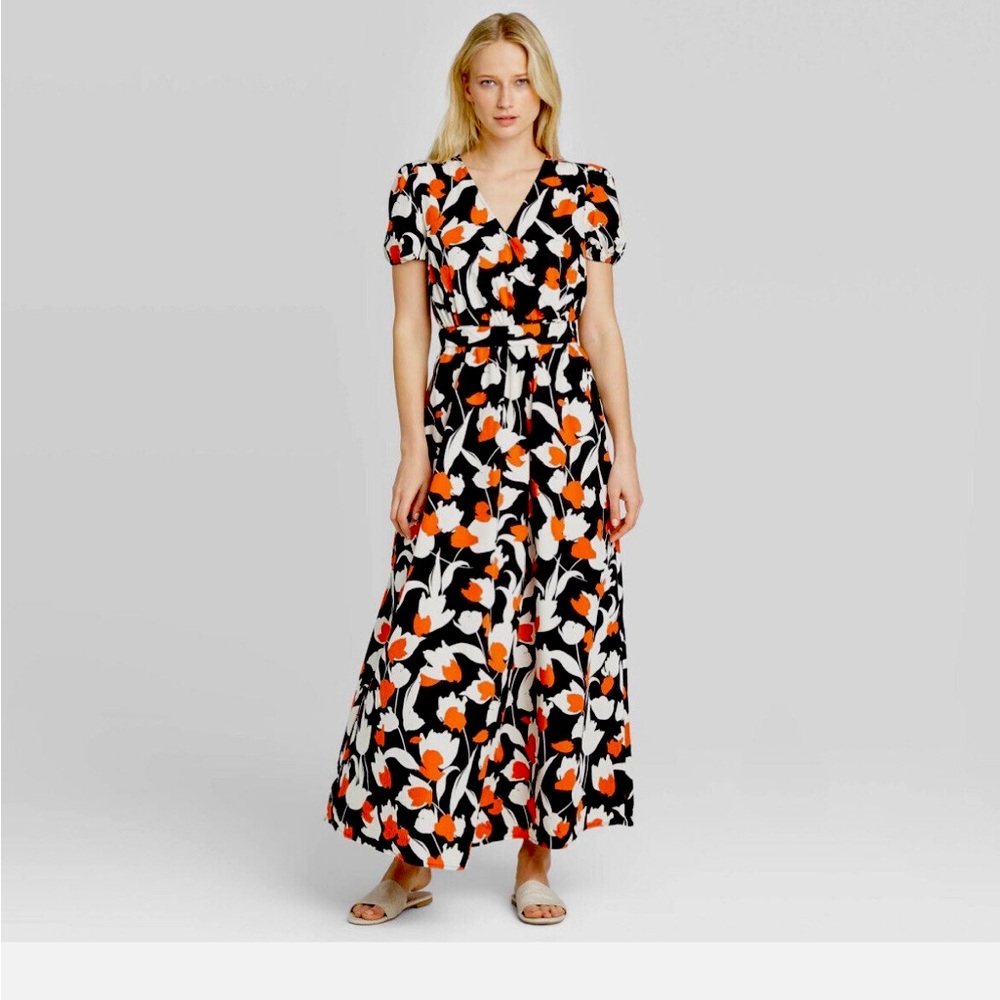 NWT- Who What Wear Puff Short Sleeve Maxi Dress Floral Orange Black Cream- Small